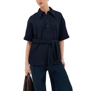 Tibi 'Quilted' Blue Cotton Waffle Polo Tunic Top Size XXS